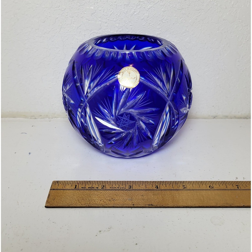 Cobalt Blue Cut-to-Clear Crystal Rose Bowl Made In Poland Vintage - Picture 4 of 6